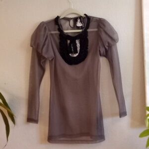 Twelve by Twelve Sheer Whimsigoth Ruffled Victorian Grey Black Puffed Sleeve Top